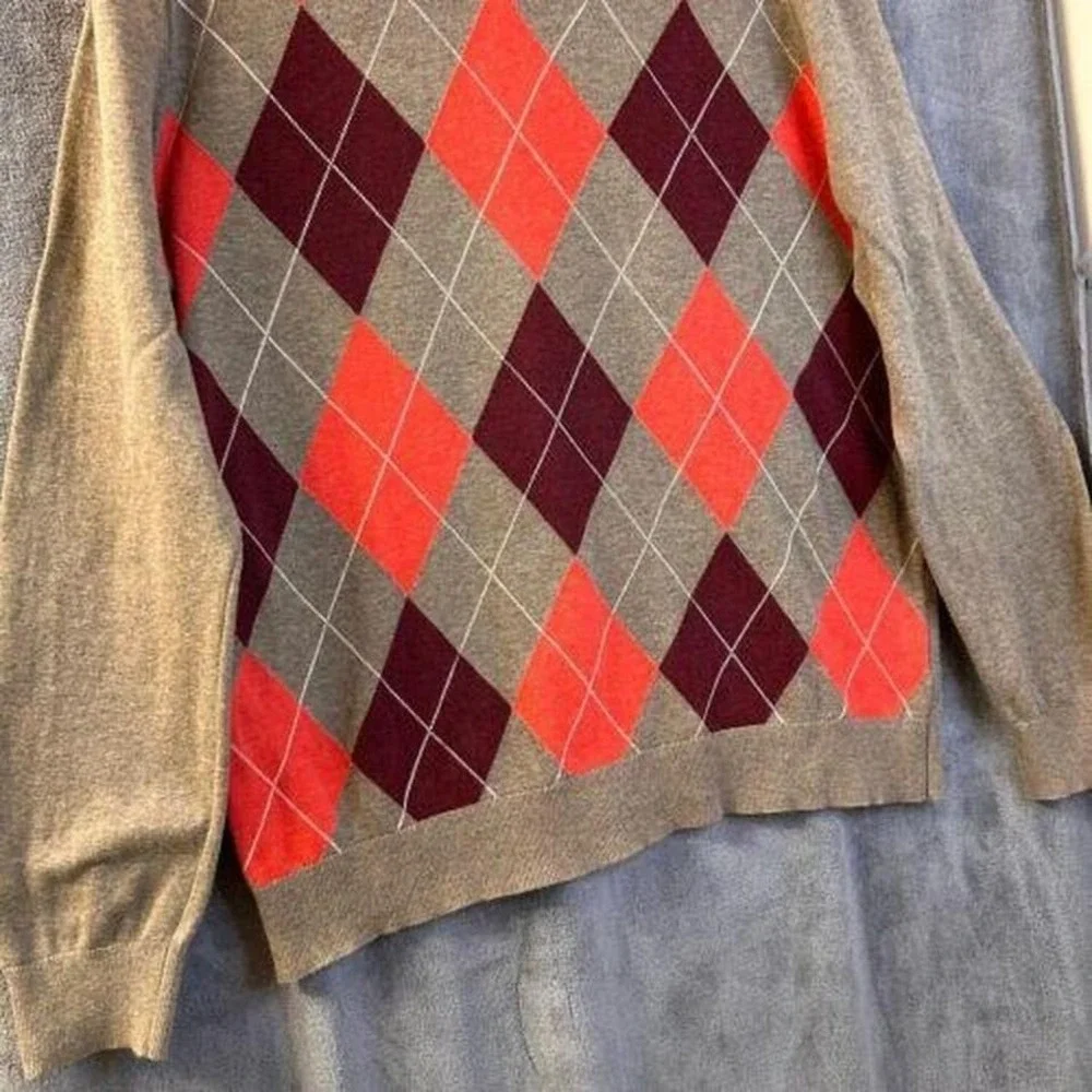Banana Republic Mens Large Argyle V-Neck Sweater Grey Orange Burgundy